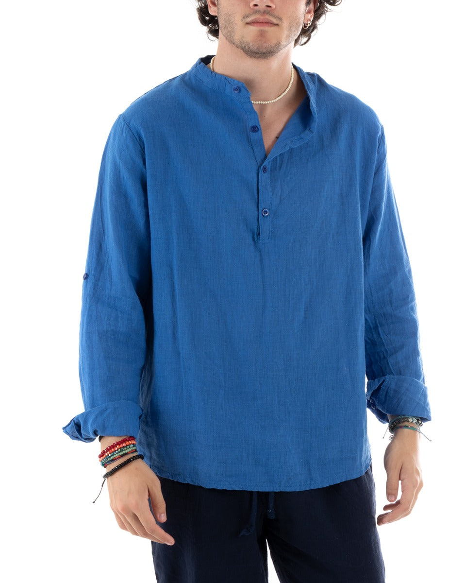 Men's Linen Shirt Seraph Collar Half Button Solid Color Tunic Royal Blue GIOSAL-C2795A