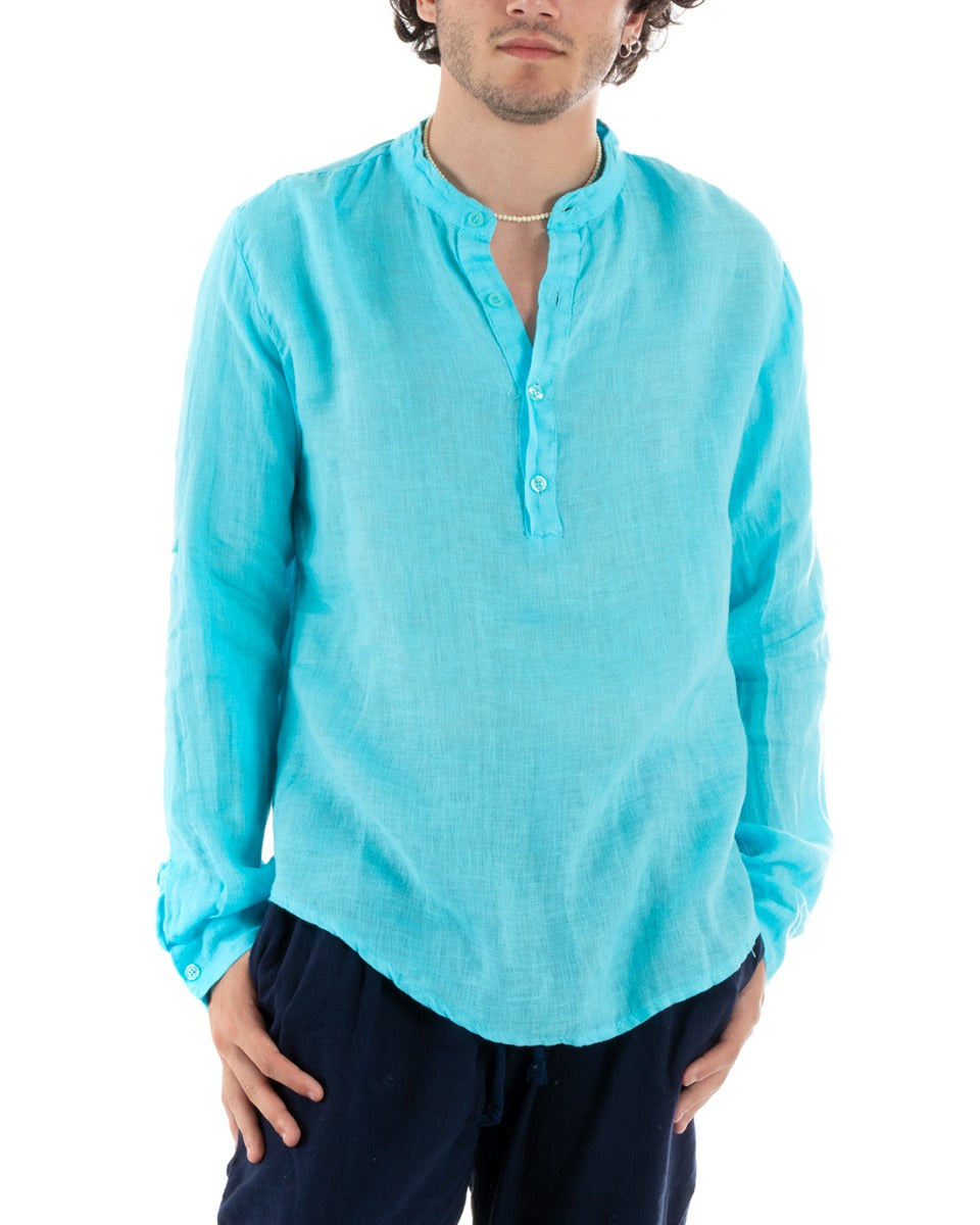 Men's Linen Shirt Seraph Collar Half Button Solid Color Tunic Light Blue GIOSAL-C2797A
