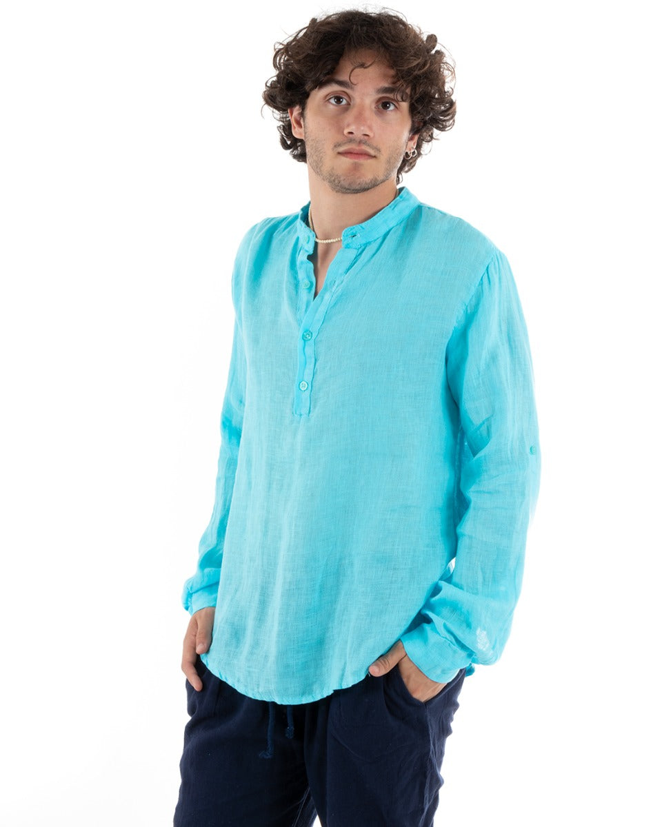 Men's Linen Shirt Seraph Collar Half Button Solid Color Tunic Light Blue GIOSAL-C2797A
