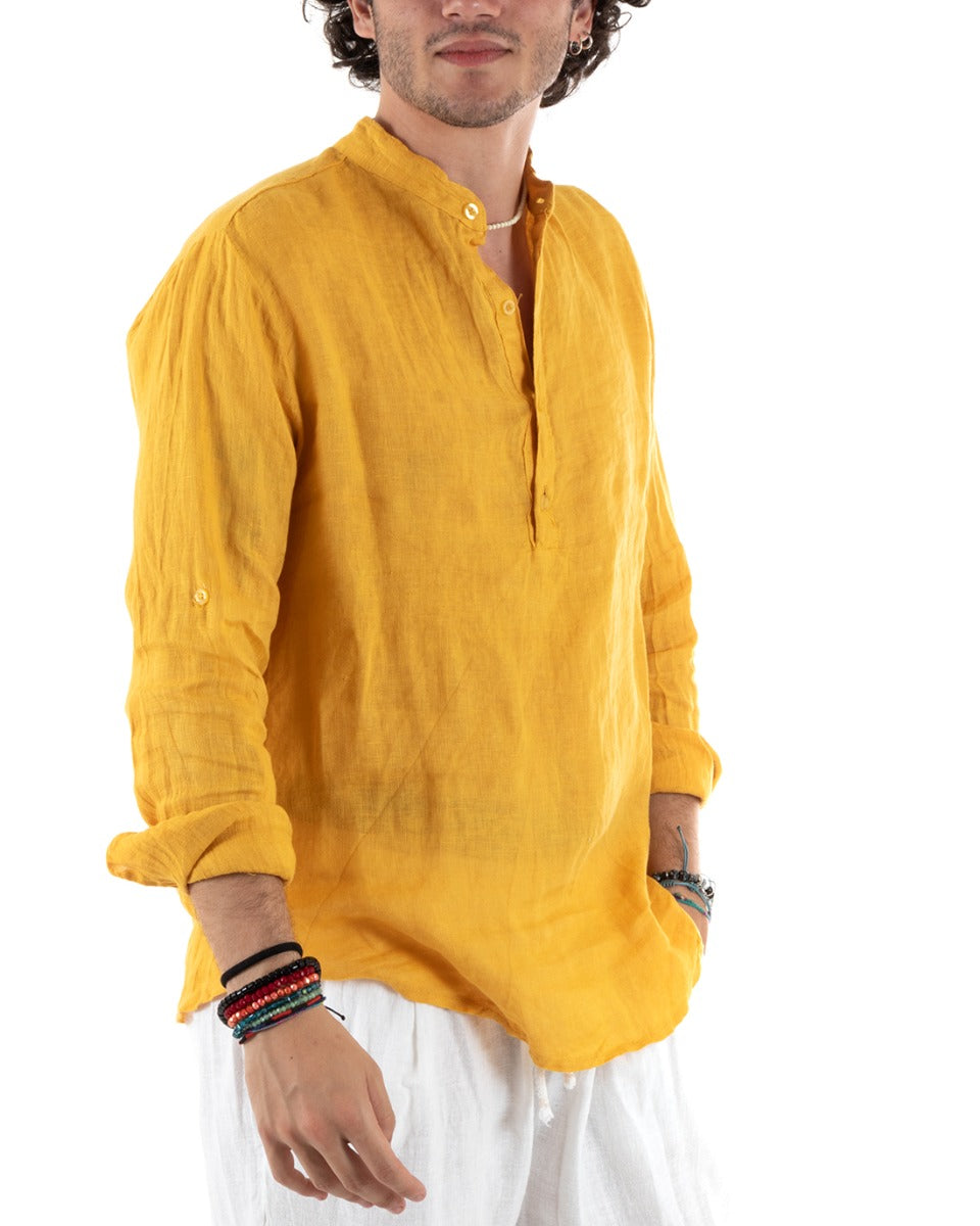 Men's Linen Shirt Seraph Collar Half Button Solid Color Tunic Mustard GIOSAL-C2798A