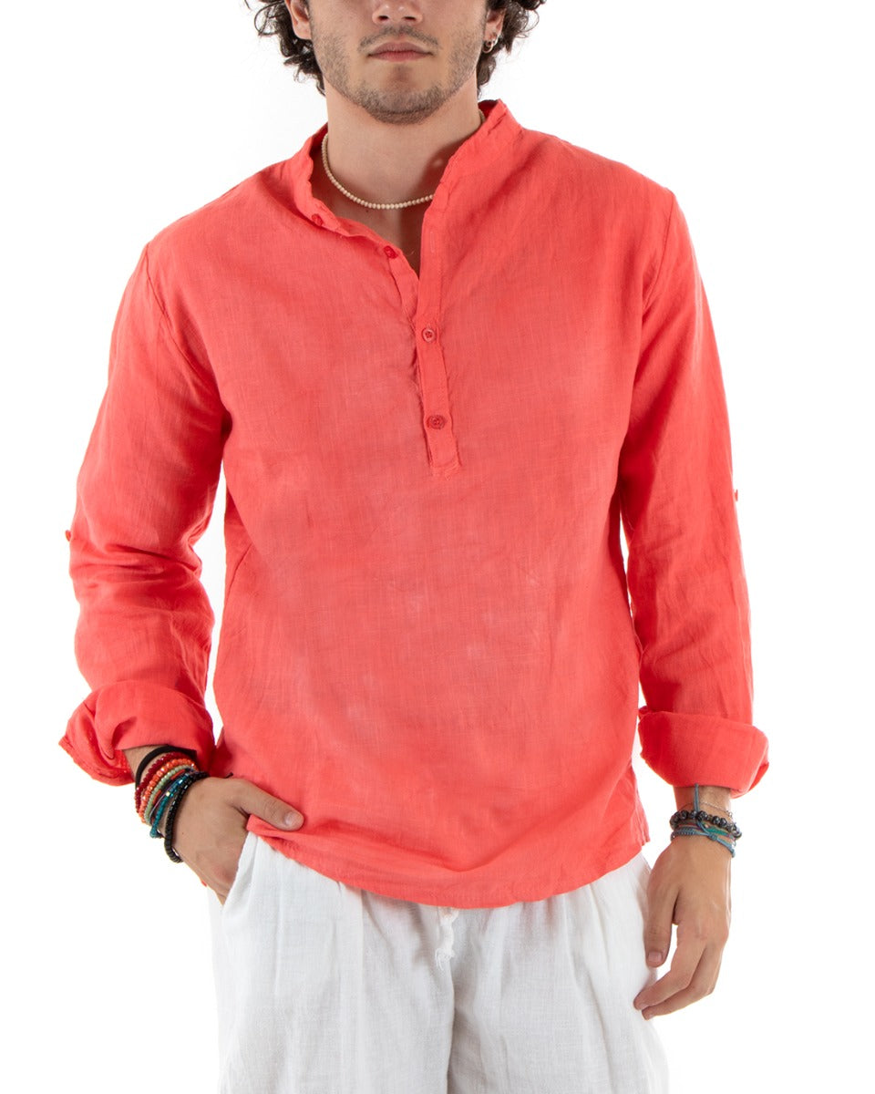 Men's Linen Shirt Seraph Collar Half Button Solid Color Tunic Coral GIOSAL-C2799A