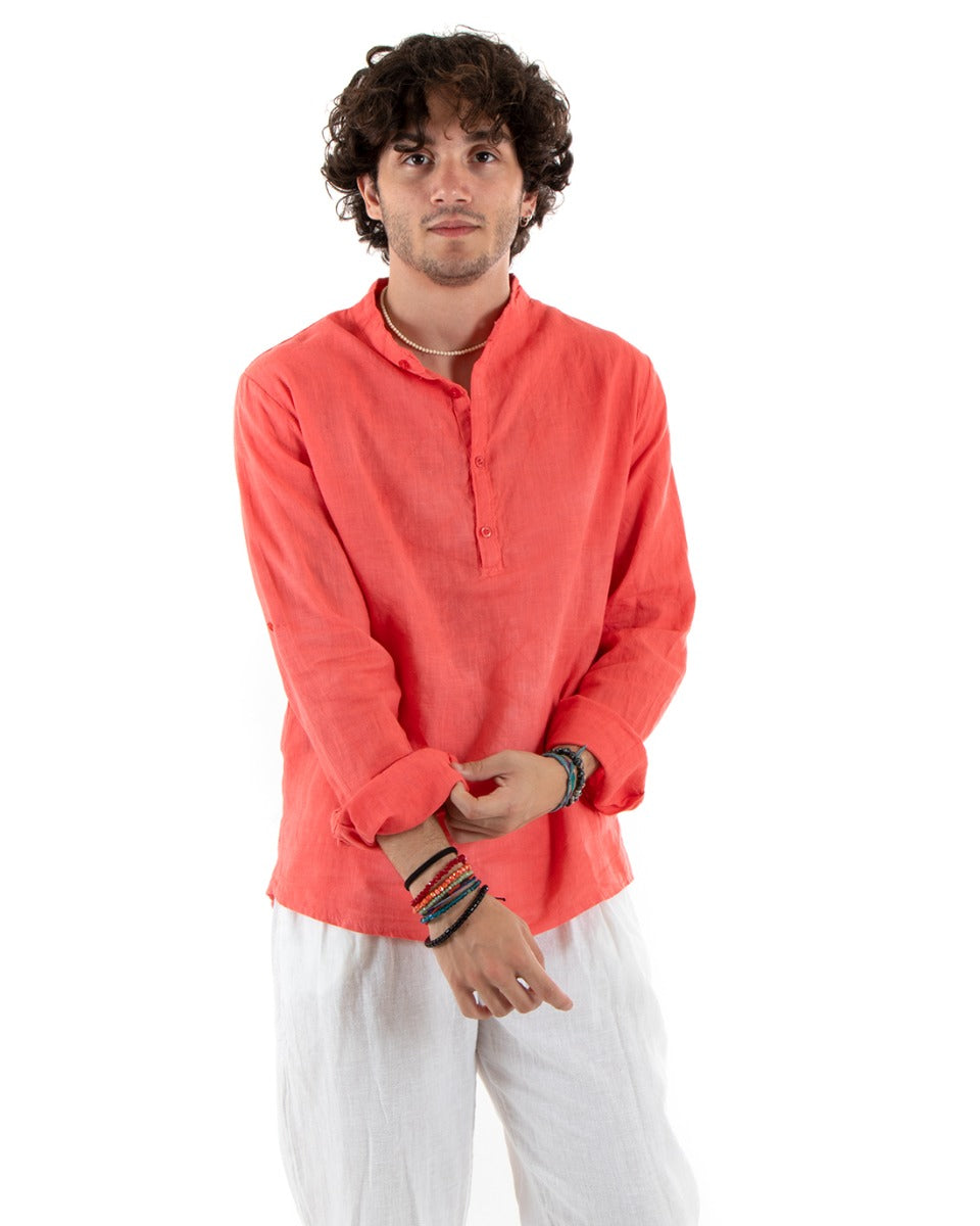 Men's Linen Shirt Seraph Collar Half Button Solid Color Tunic Coral GIOSAL-C2799A