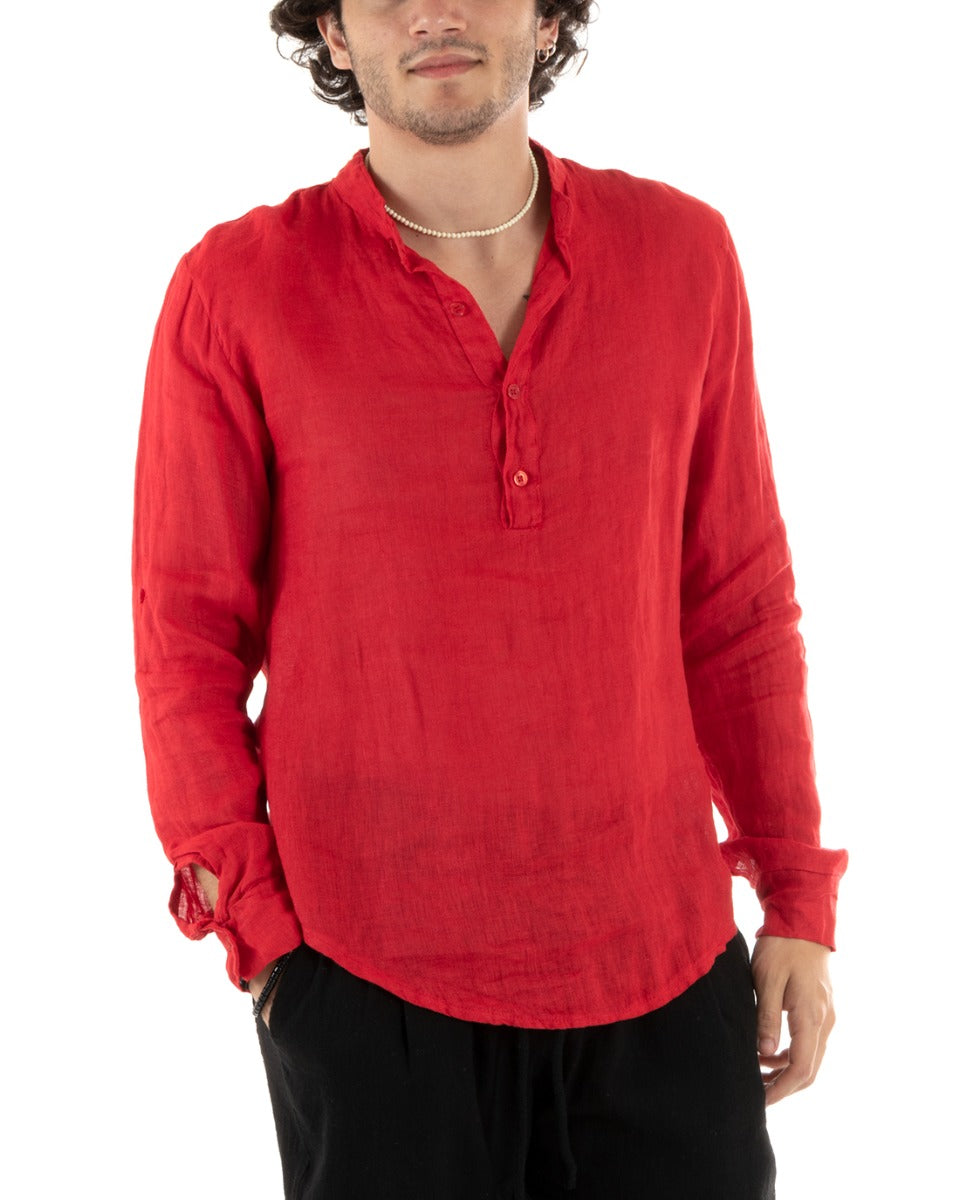 Men's Linen Shirt Seraph Collar Half Button Solid Color Tunic Red GIOSAL-C2800A