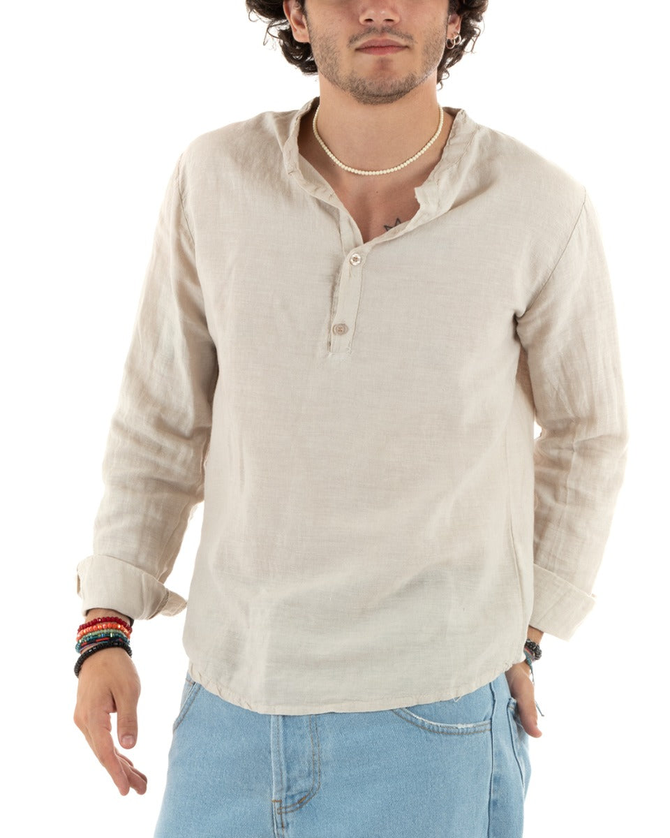 Men's Linen Shirt Seraph Collar Half Button Solid Color Tunic Beige GIOSAL-C2801A