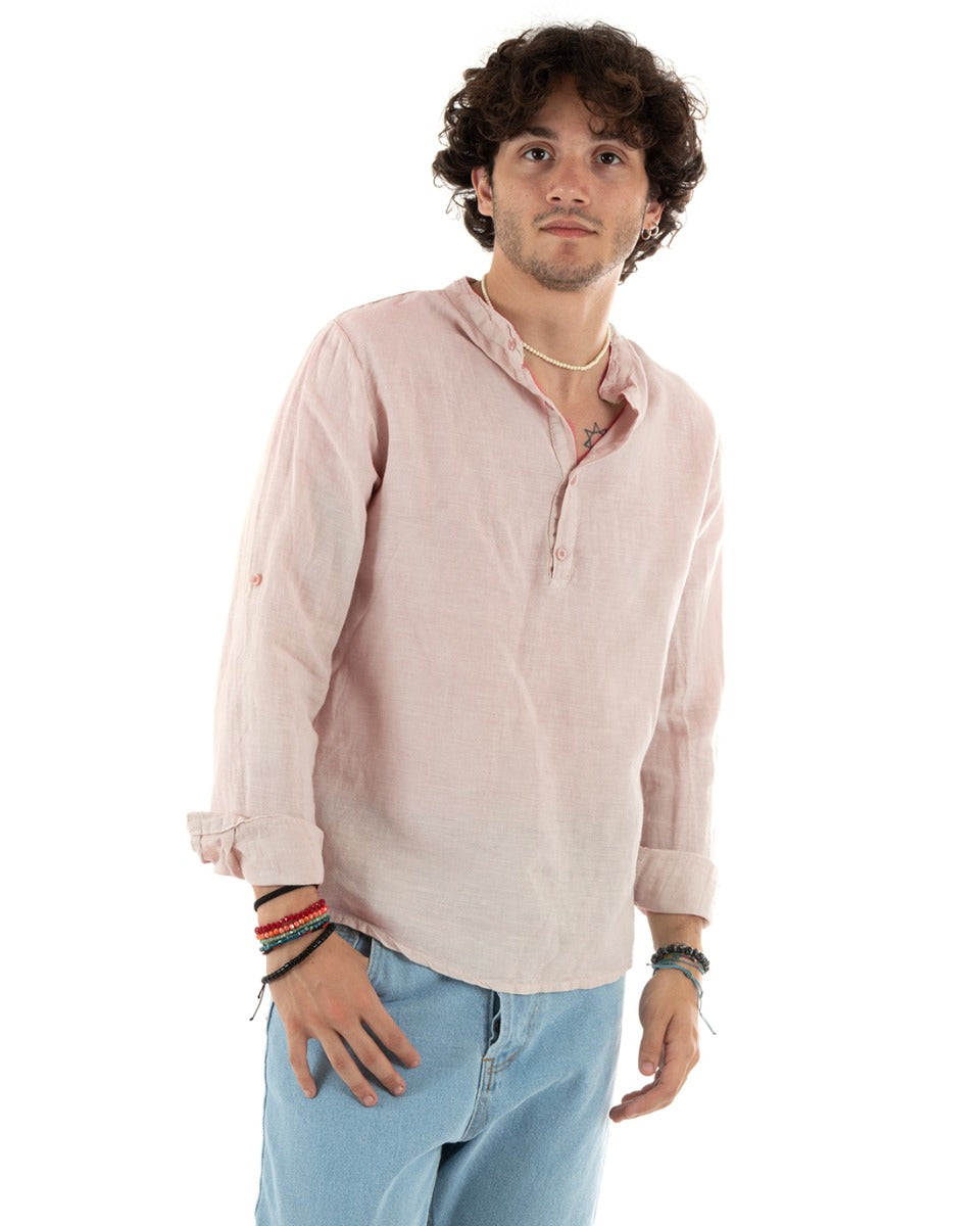 Camicia Uomo Lino Collo Serafino Mezzo Bottone Tinta Unita Casacca Rosa GIOSAL-C2802A