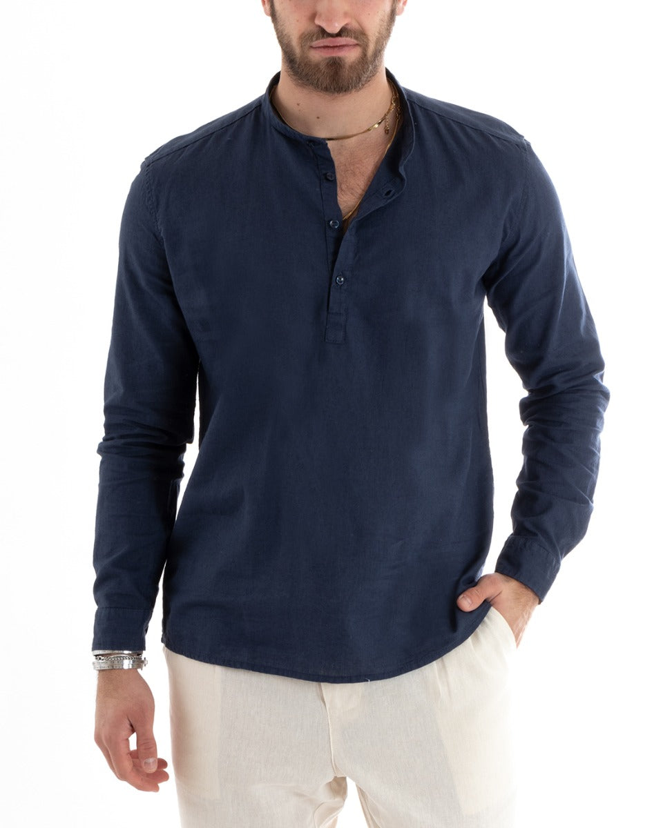 Men's Serafino Tunic Shirt Long Sleeve Linen Solid Color Tailored Blue GIOSAL-C2804A