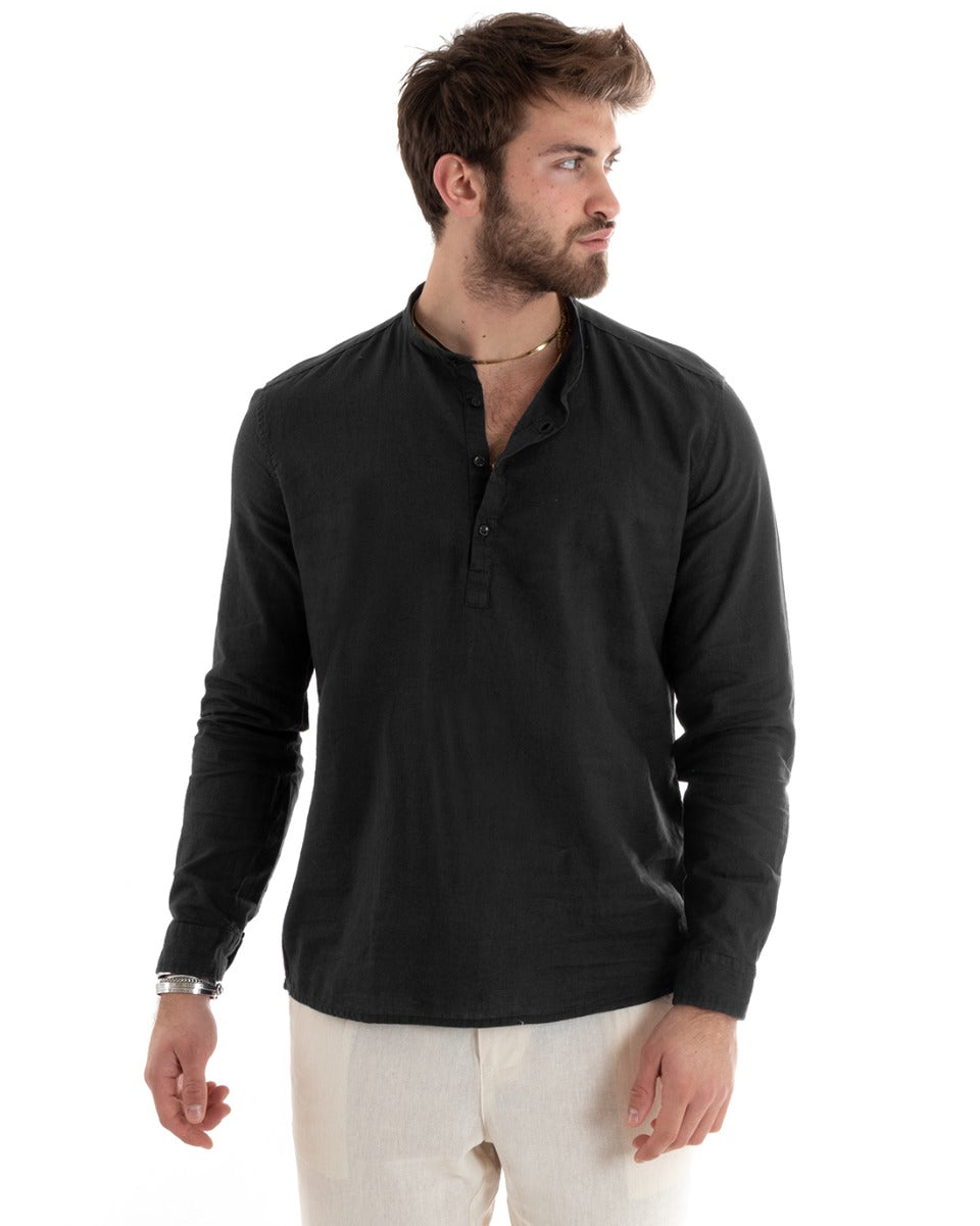 Men's Serafino Tunic Shirt Long Sleeve Linen Solid Color Tailored Black GIOSAL-C2805A