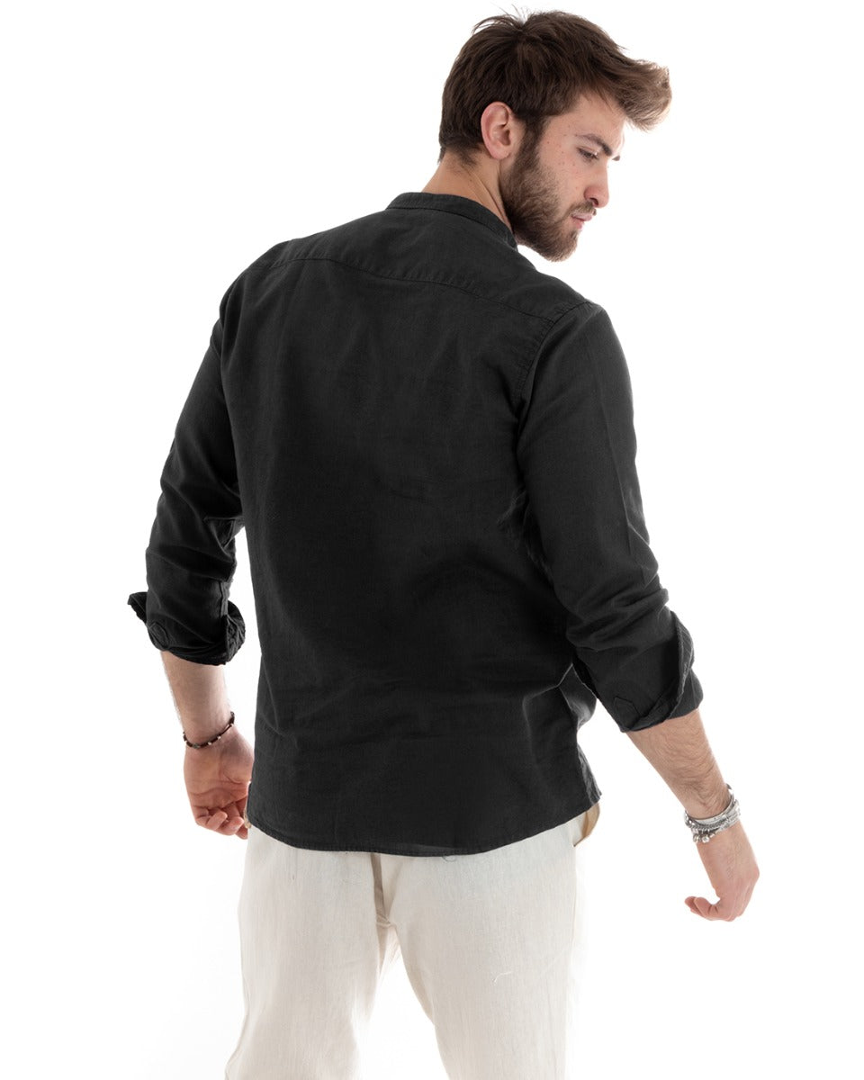 Men's Serafino Tunic Shirt Long Sleeve Linen Solid Color Tailored Black GIOSAL-C2805A