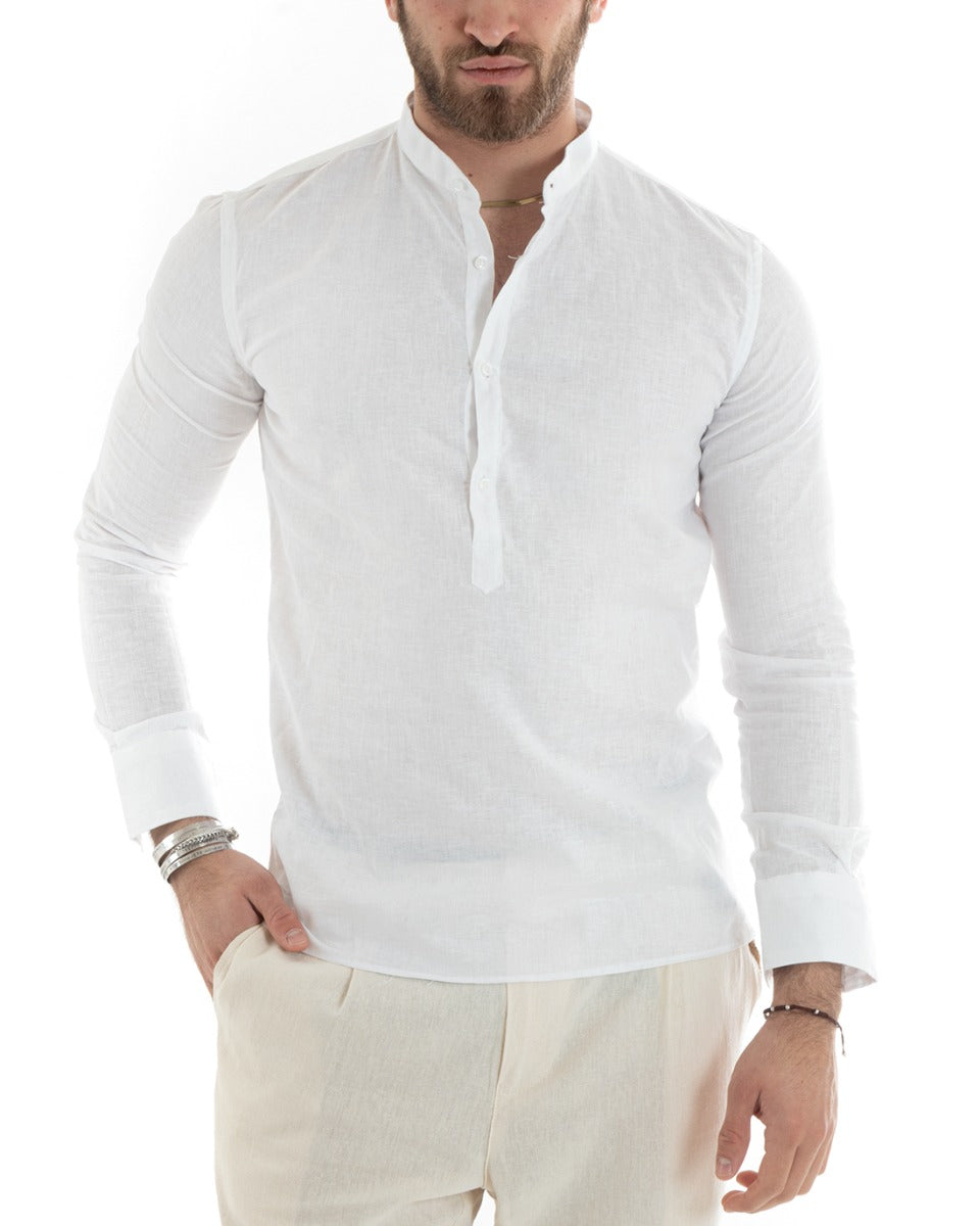 Men's Serafino Tunic Shirt Long Sleeve Linen Solid Color Tailored White GIOSAL-C2806A