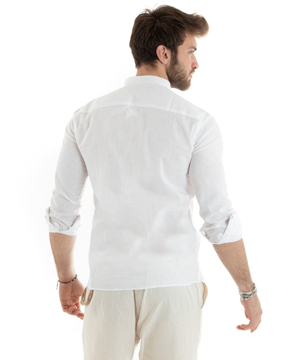 Men's Serafino Tunic Shirt Long Sleeve Linen Solid Color Tailored White GIOSAL-C2806A