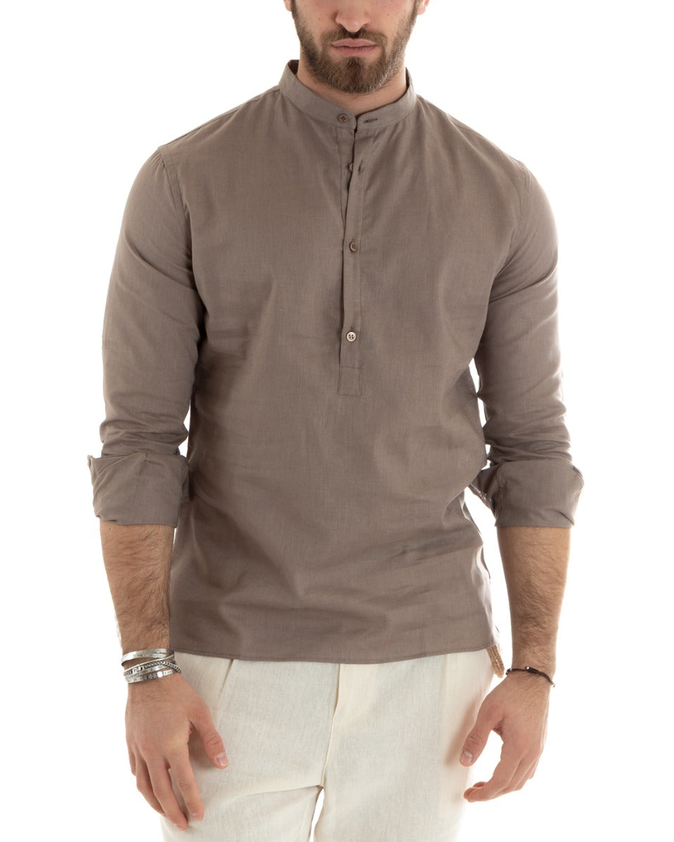 Men's Serafino Tunic Shirt Long Sleeve Linen Solid Color Tailored Mud GIOSAL-C2807A