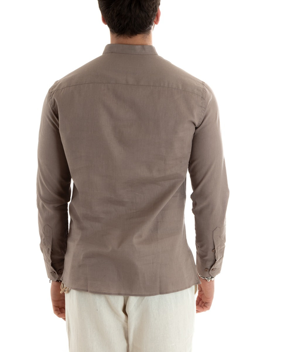 Men's Serafino Tunic Shirt Long Sleeve Linen Solid Color Tailored Mud GIOSAL-C2807A