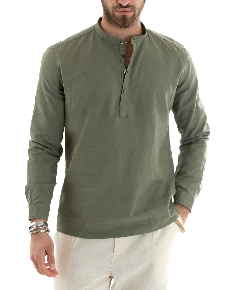 Men's Serafino Coat Shirt Long Sleeve Linen Solid Color Tailored Military Green GIOSAL-C2808A