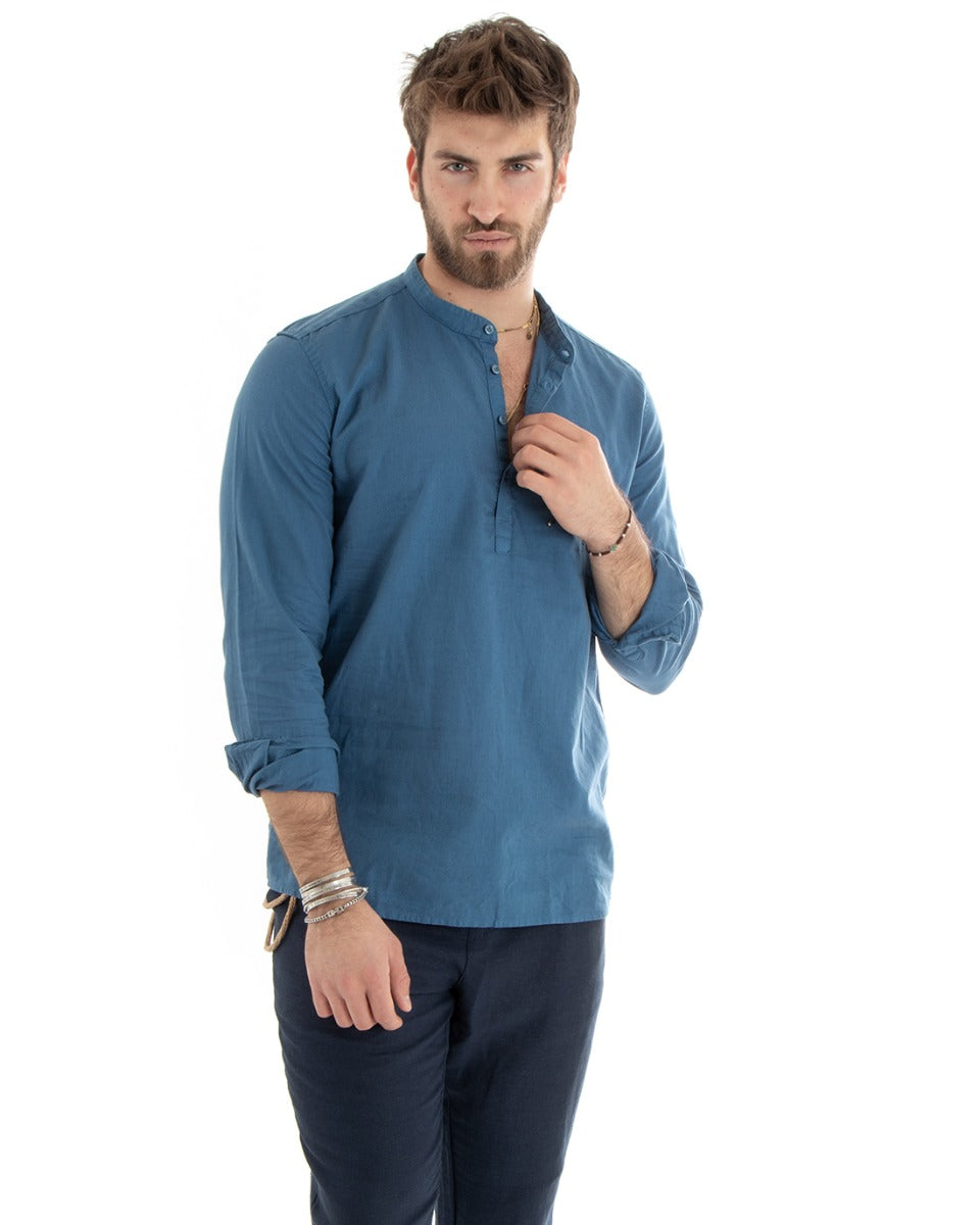 Men's Serafino Coat Shirt Long Sleeve Linen Solid Color Tailored Light Blue GIOSAL-C2809A