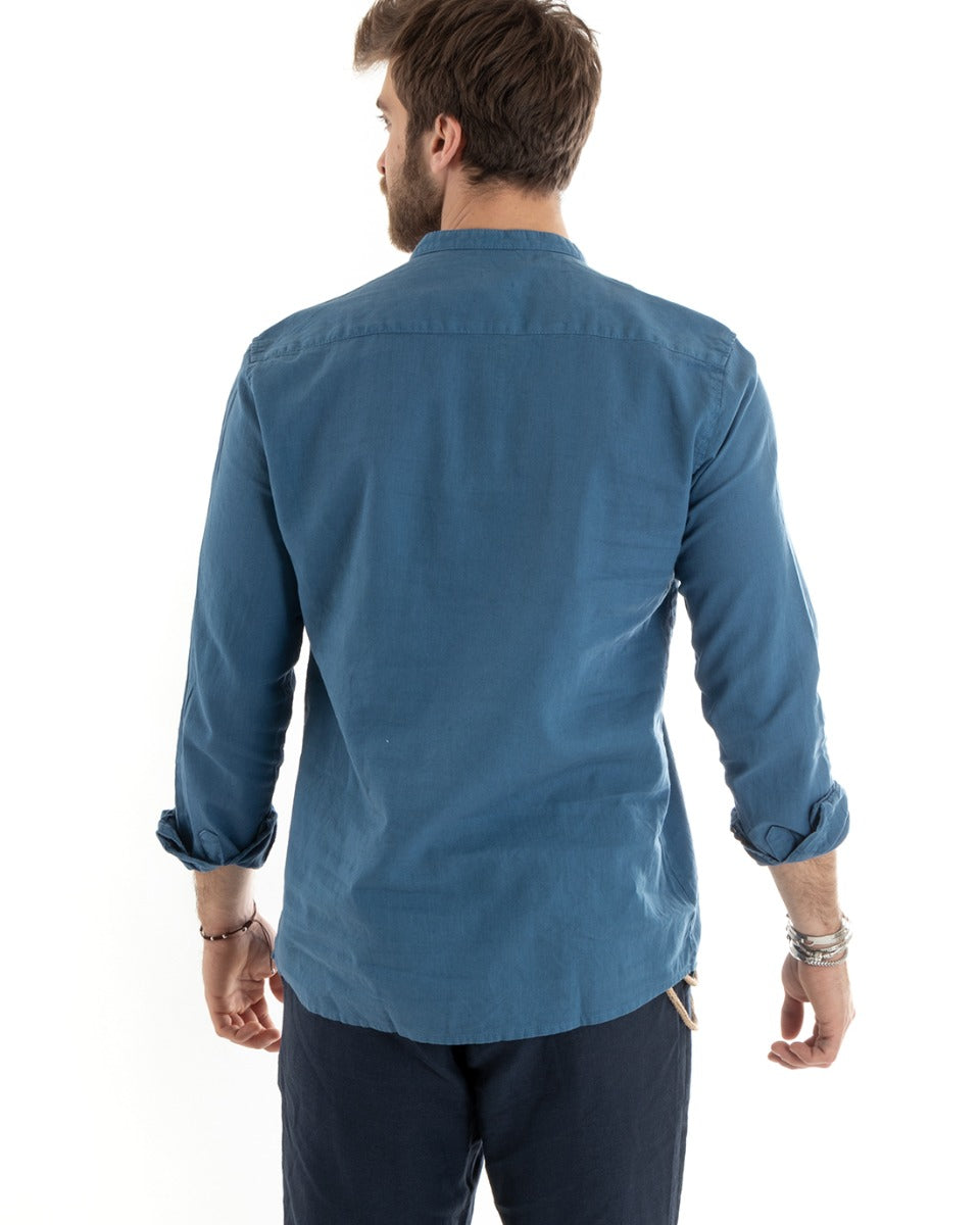 Men's Serafino Coat Shirt Long Sleeve Linen Solid Color Tailored Light Blue GIOSAL-C2809A