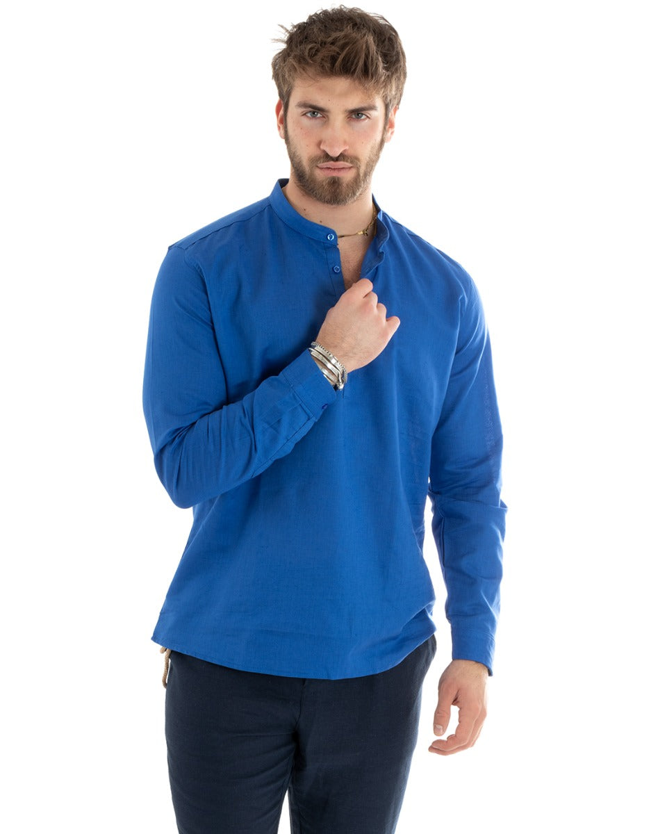 Men's Serafino Tunic Shirt Long Sleeve Linen Solid Color Tailored Royal Blue GIOSAL-C2810A