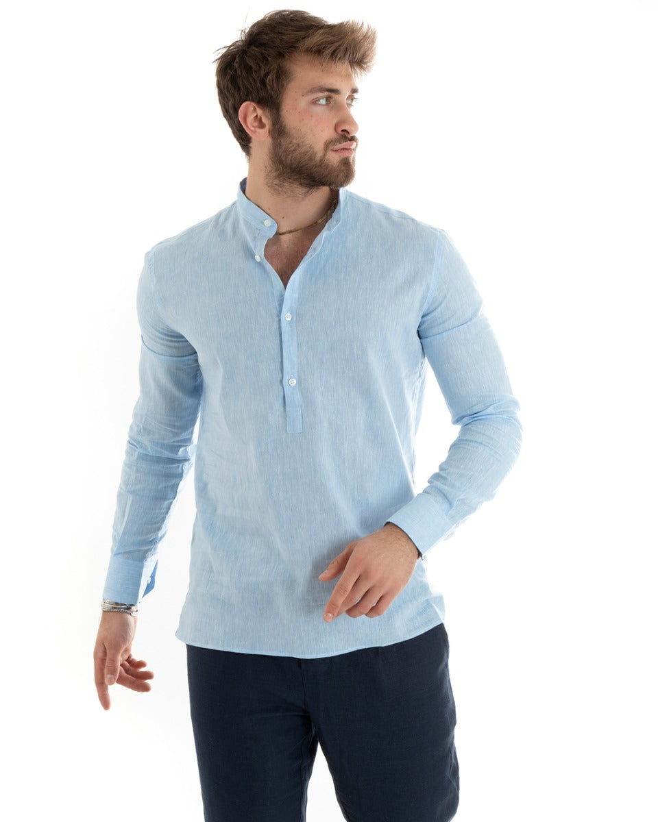 Men's Serafino Tunic Shirt Long Sleeve Linen Solid Color Tailored Light Blue GIOSAL-C2811A
