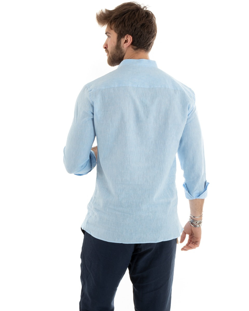 Men's Serafino Tunic Shirt Long Sleeve Linen Solid Color Tailored Light Blue GIOSAL-C2811A