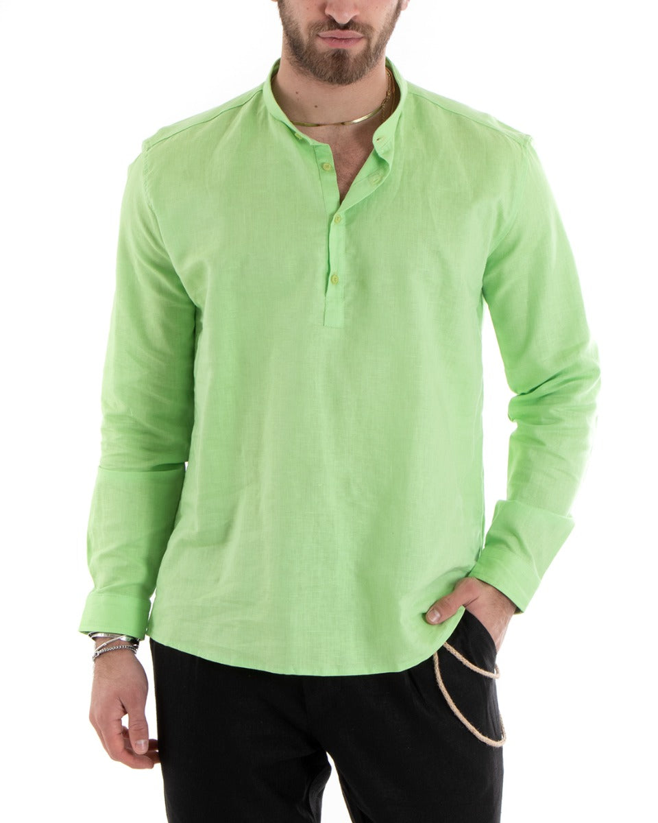 Men's Serafino Tunic Shirt Long Sleeve Linen Solid Color Tailored Acid Green GIOSAL-C2812A