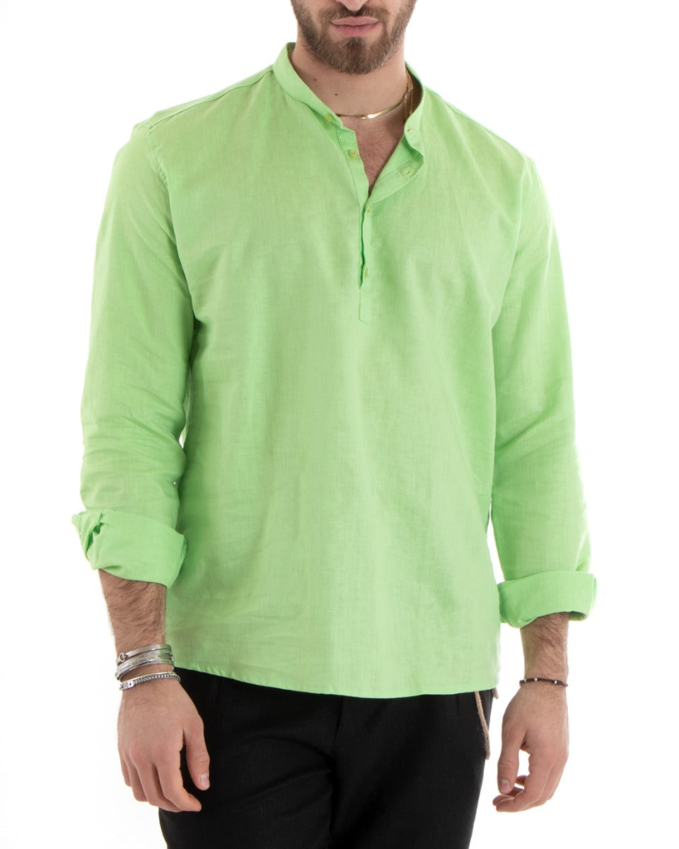 Men's Serafino Tunic Shirt Long Sleeve Linen Solid Color Tailored Acid Green GIOSAL-C2812A