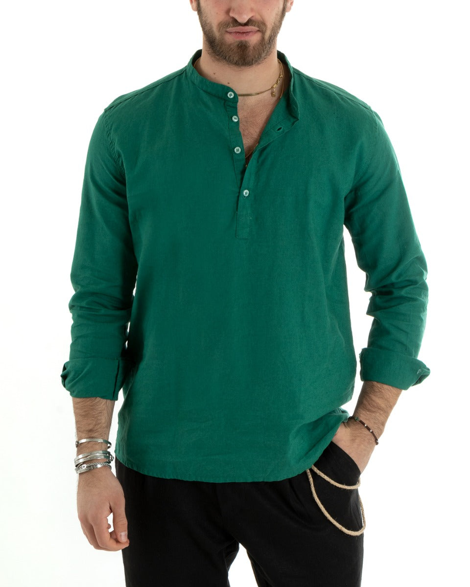Men's Serafino Tunic Shirt Long Sleeve Linen Solid Color Tailored Petrol GIOSAL-C2813A