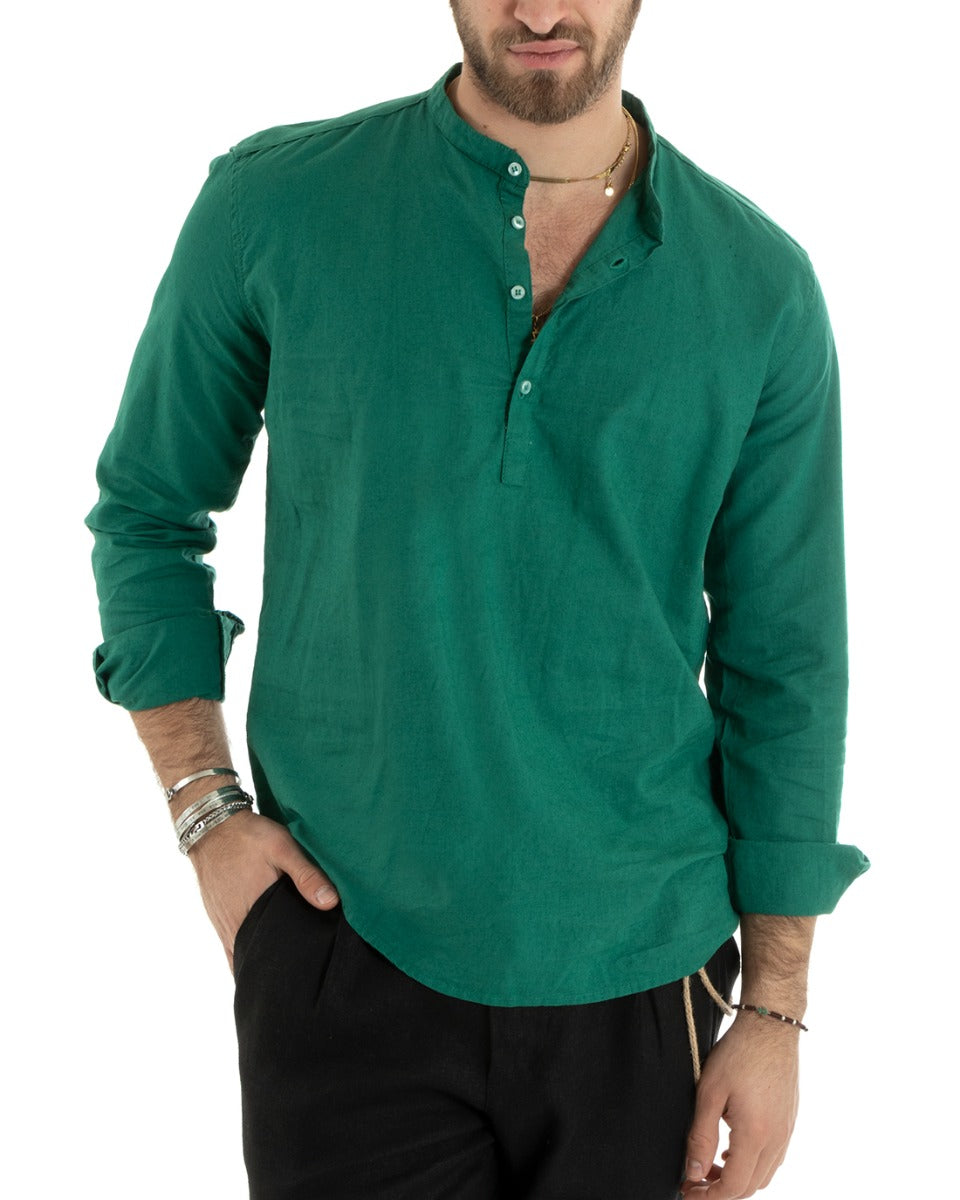 Men's Serafino Tunic Shirt Long Sleeve Linen Solid Color Tailored Petrol GIOSAL-C2813A