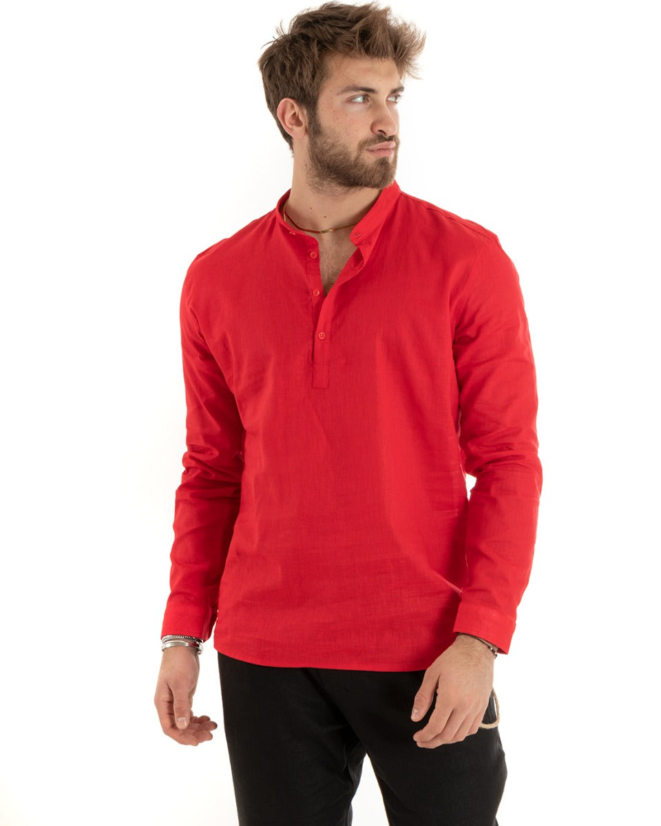 Men's Serafino Tunic Shirt Long Sleeve Linen Solid Color Tailored Red GIOSAL-C2814A