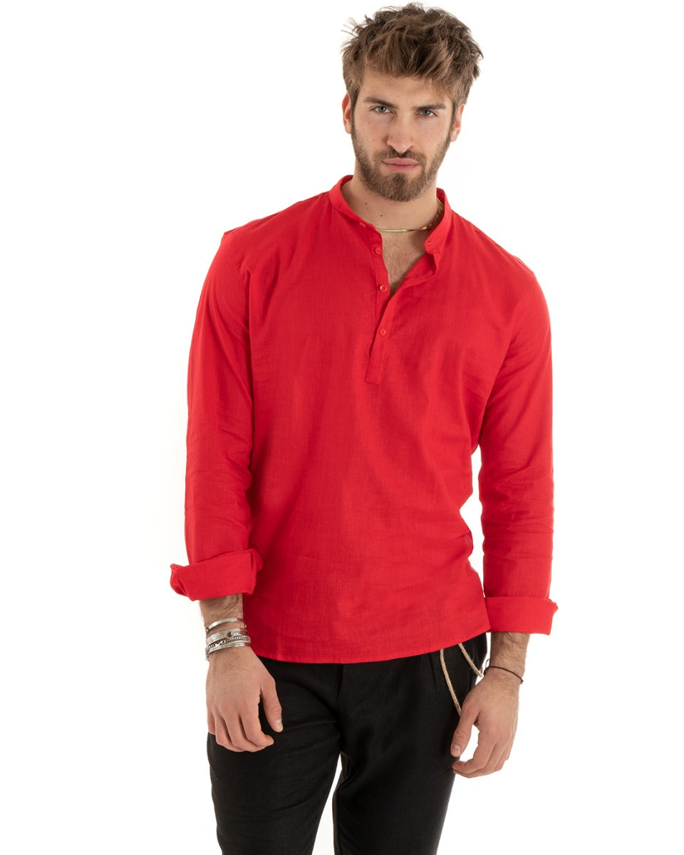 Men's Serafino Tunic Shirt Long Sleeve Linen Solid Color Tailored Red GIOSAL-C2814A