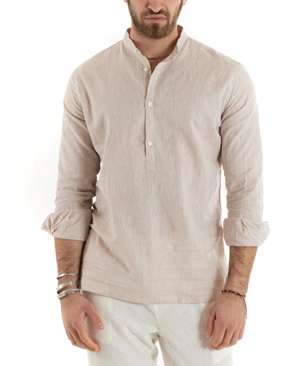 Men's Serafino Tunic Shirt Long Sleeve Linen Solid Color Tailored Beige GIOSAL-C2815A