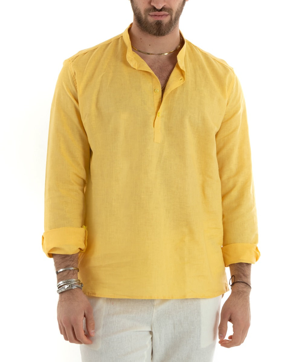 Men's Serafino Tunic Shirt Long Sleeve Linen Solid Color Tailored Yellow GIOSAL-C2816A