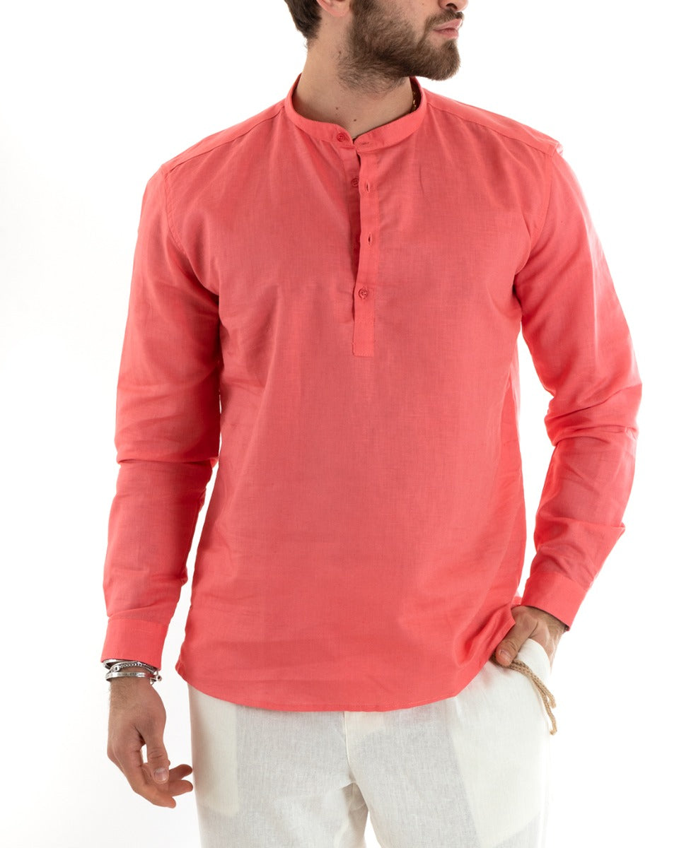 Men's Serafino Tunic Shirt Long Sleeve Linen Solid Color Tailored Coral GIOSAL-C2817A