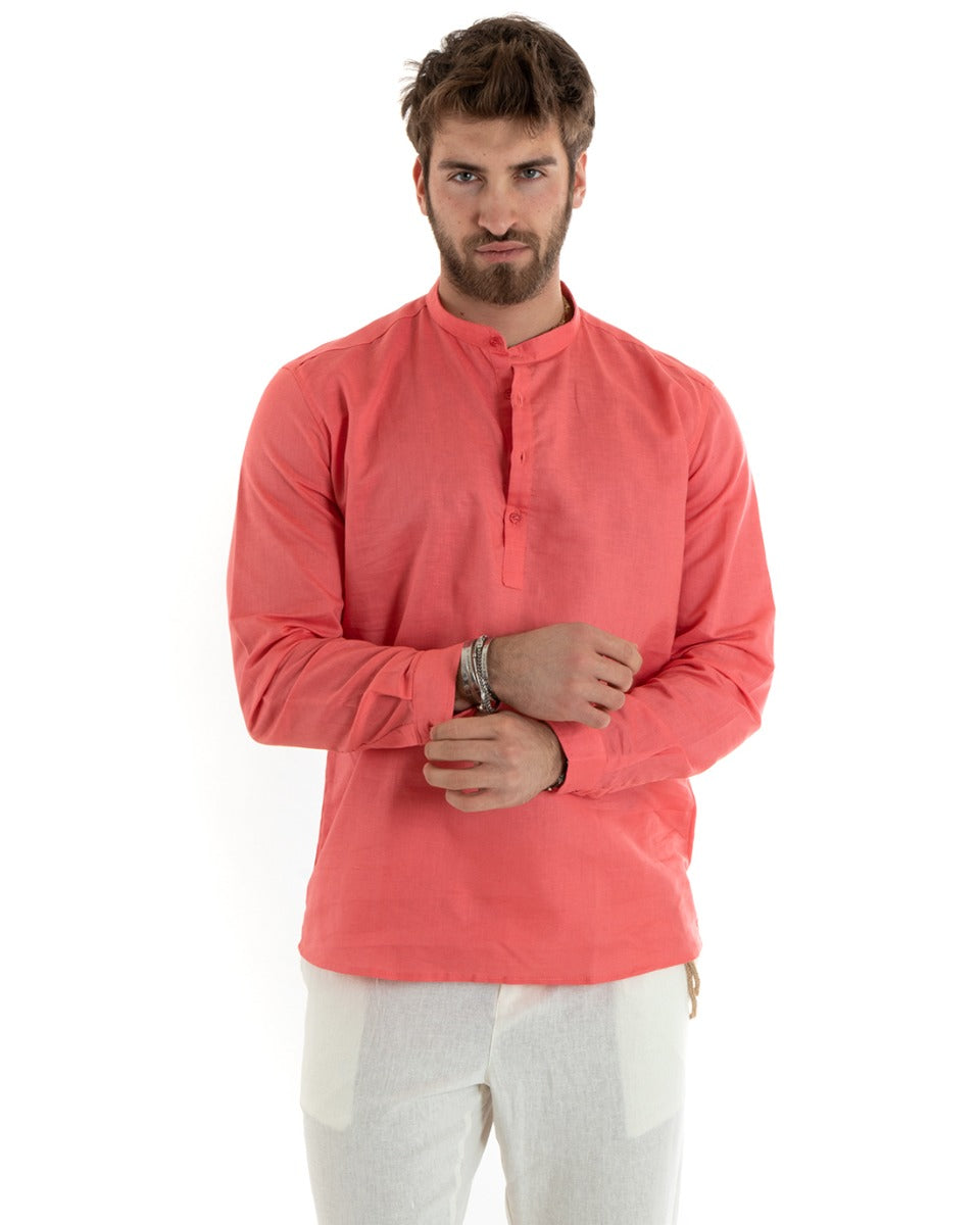 Men's Serafino Tunic Shirt Long Sleeve Linen Solid Color Tailored Coral GIOSAL-C2817A