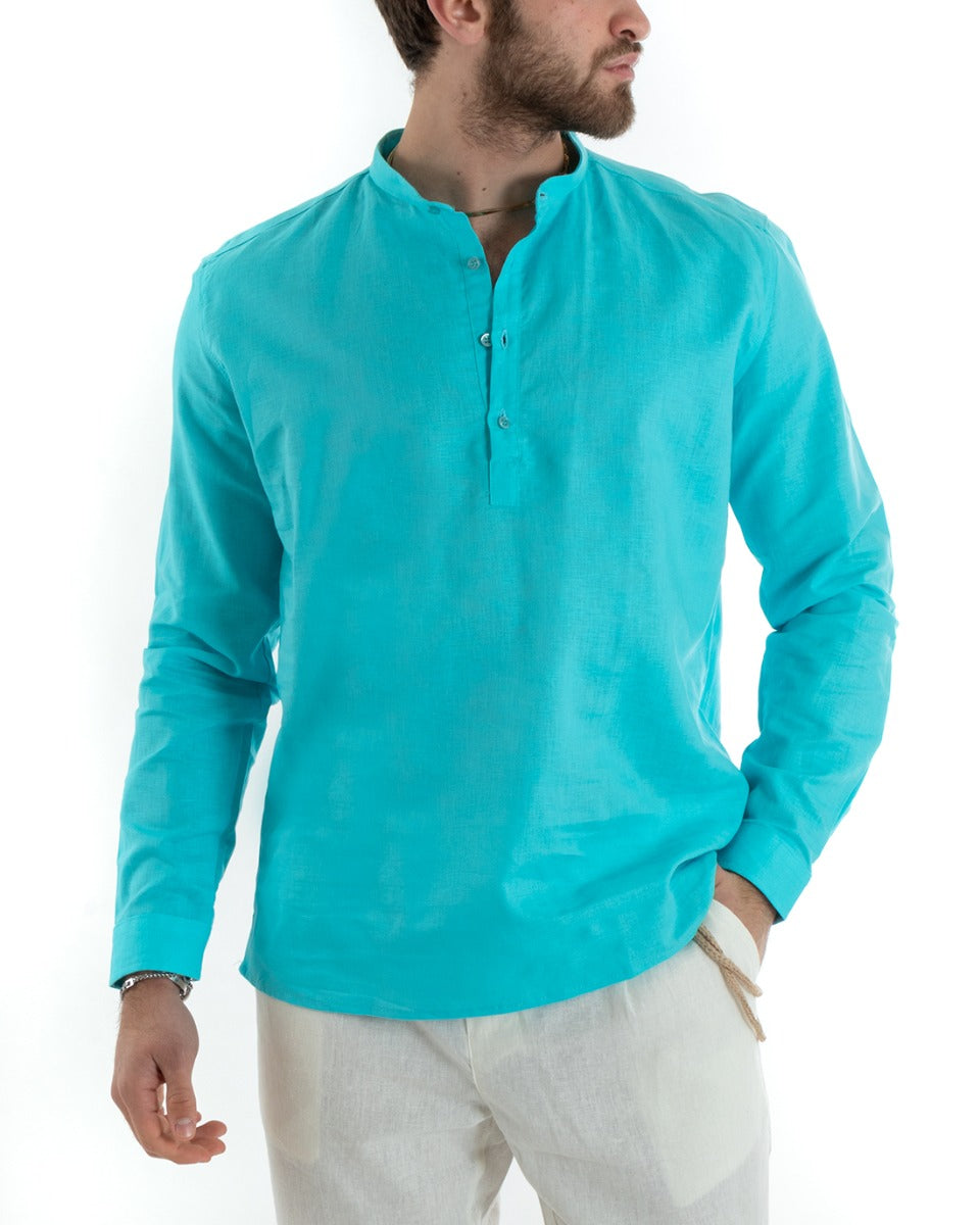 Men's Serafino Tunic Shirt Long Sleeve Linen Solid Color Tailored Turquoise GIOSAL-C2818A