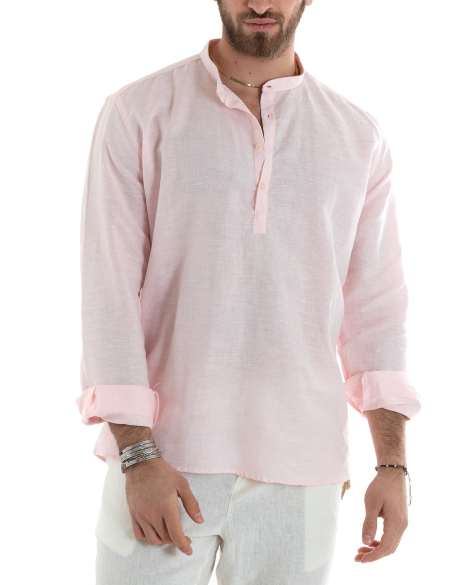 Men's Serafino Tunic Shirt Long Sleeve Linen Solid Color Tailored Pink GIOSAL-C2819A
