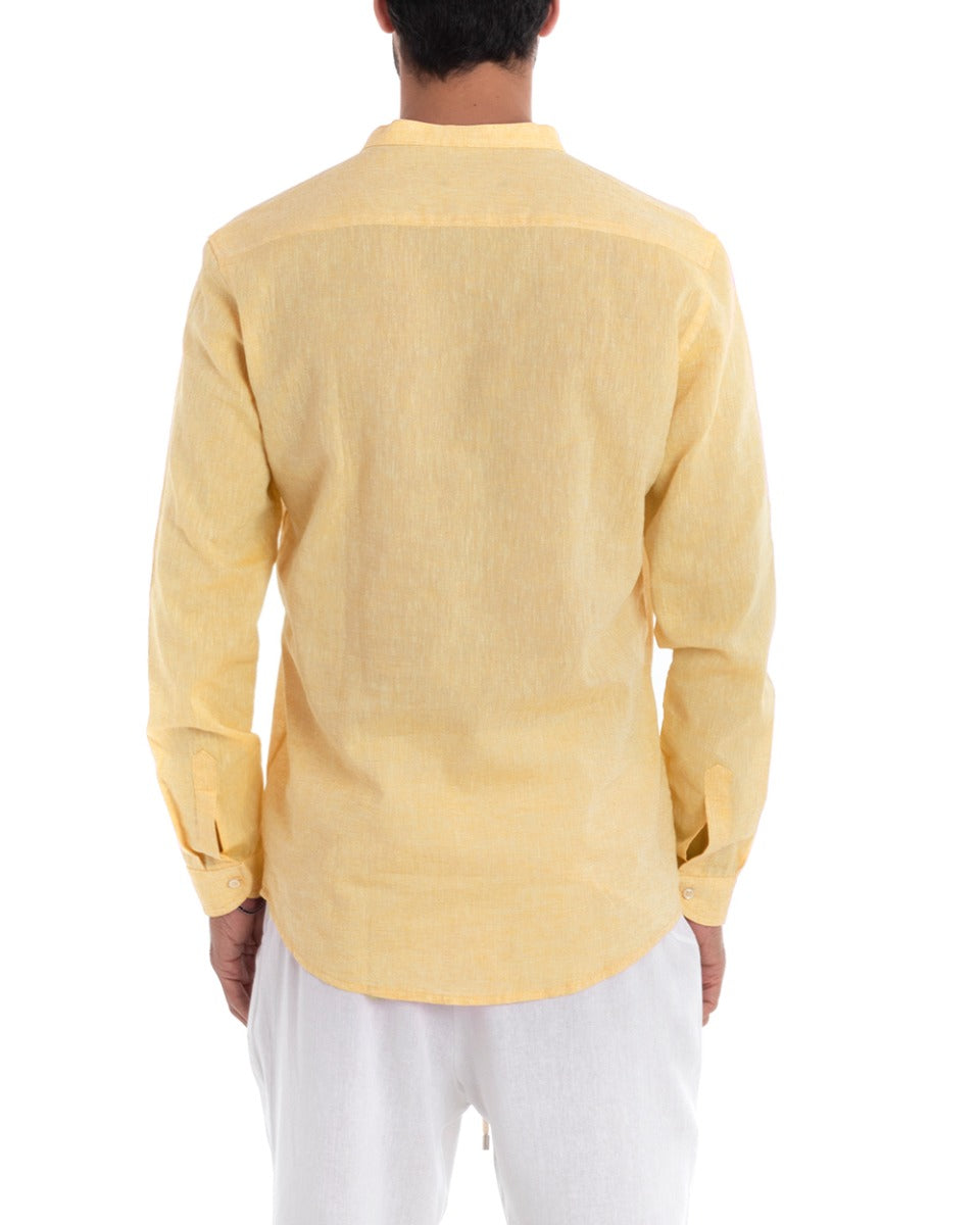 Men's Mandarin Collar Shirt Long Sleeve Regular Fit Tailored Melange Linen Yellow GIOSAL-C2386A