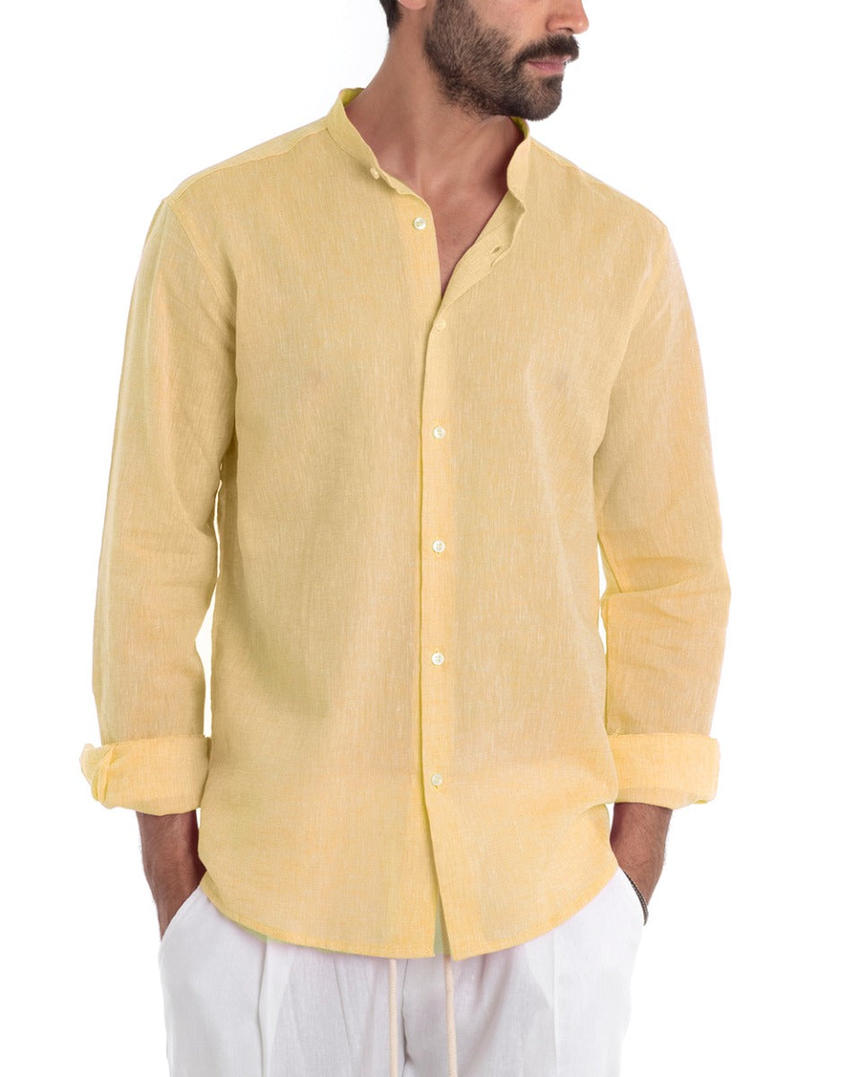 Men's Mandarin Collar Shirt Long Sleeve Regular Fit Tailored Melange Linen Yellow GIOSAL-C2386A