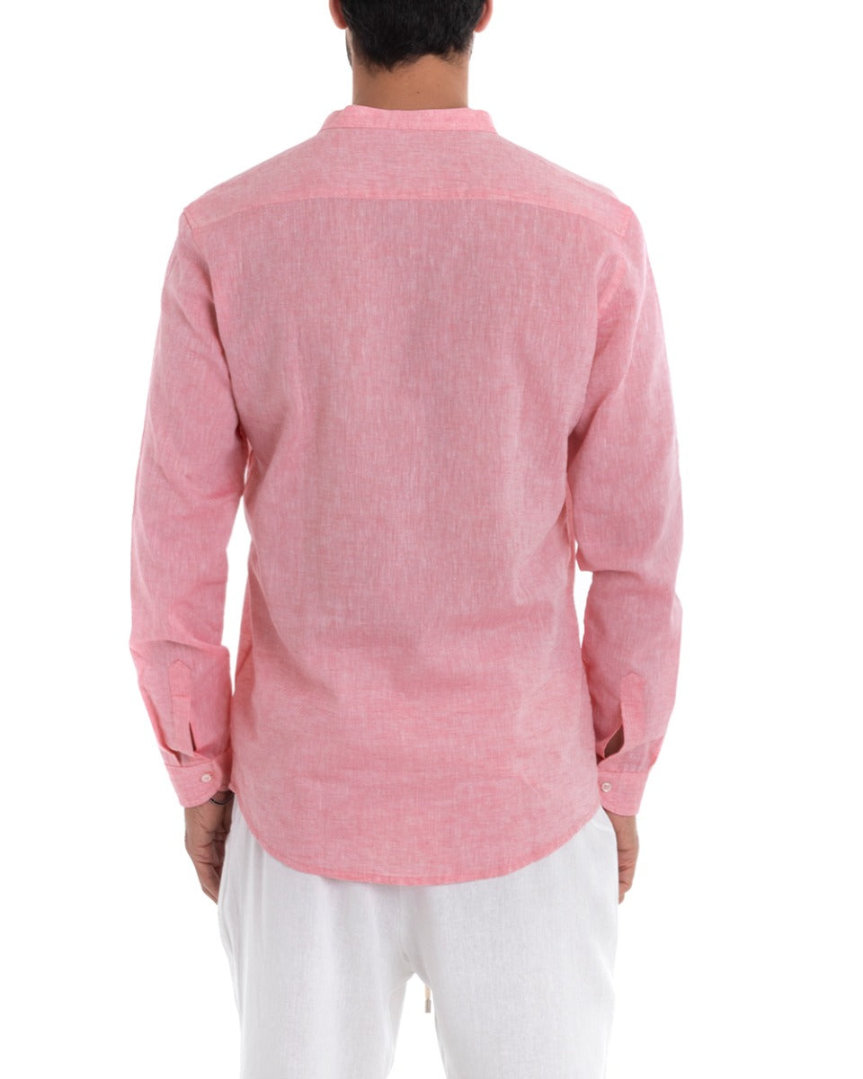 Men's Mandarin Collar Shirt Long Sleeve Regular Fit Tailored Melange Linen Pink GIOSAL-C2382A
