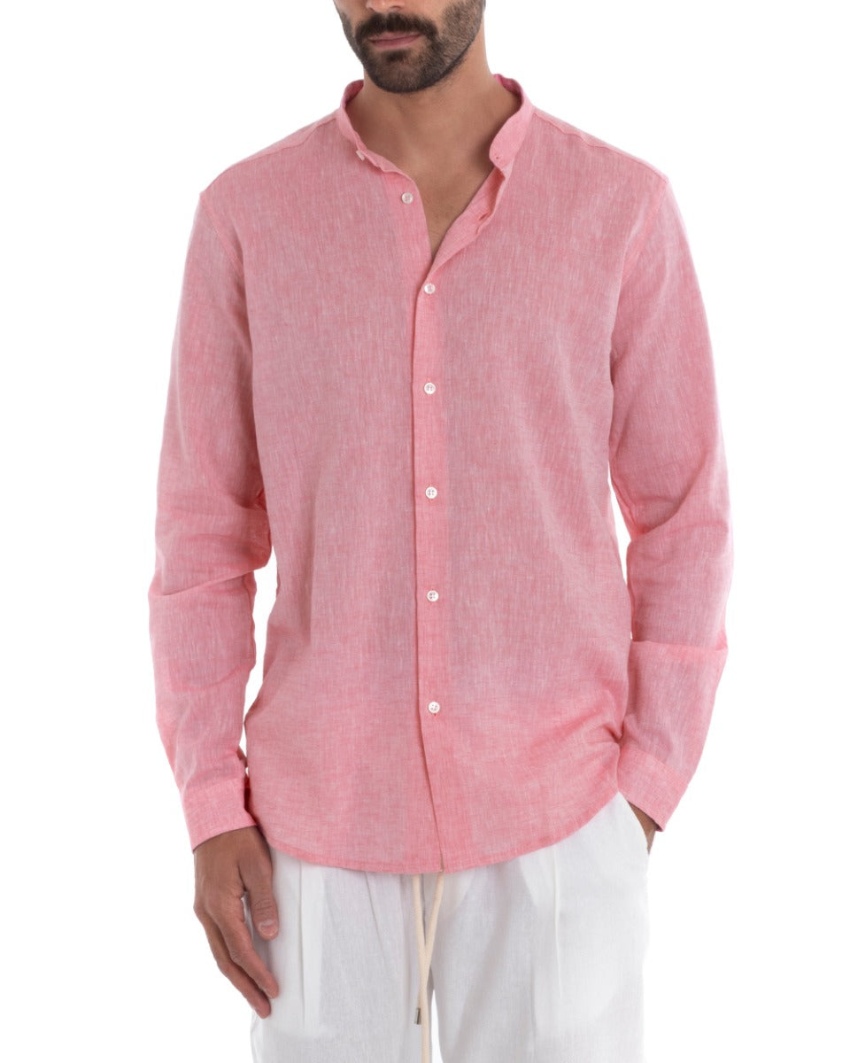 Men's Mandarin Collar Shirt Long Sleeve Regular Fit Tailored Melange Linen Pink GIOSAL-C2382A