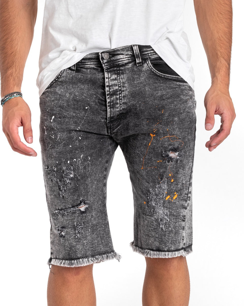 Bermuda Jeans Pantaloncino Uomo Denim Grigio Schizzato Cinque Tasche GIOSAL-PC1820A