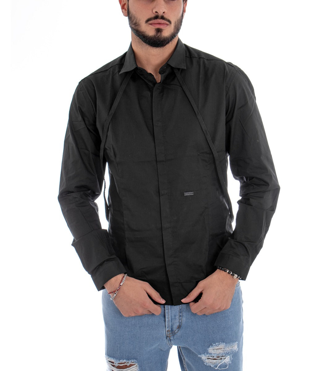 Men's Shirt With Collar Long Sleeve Slim Fit Casual Cotton Suspenders Black GIOSAL-C1453A 
