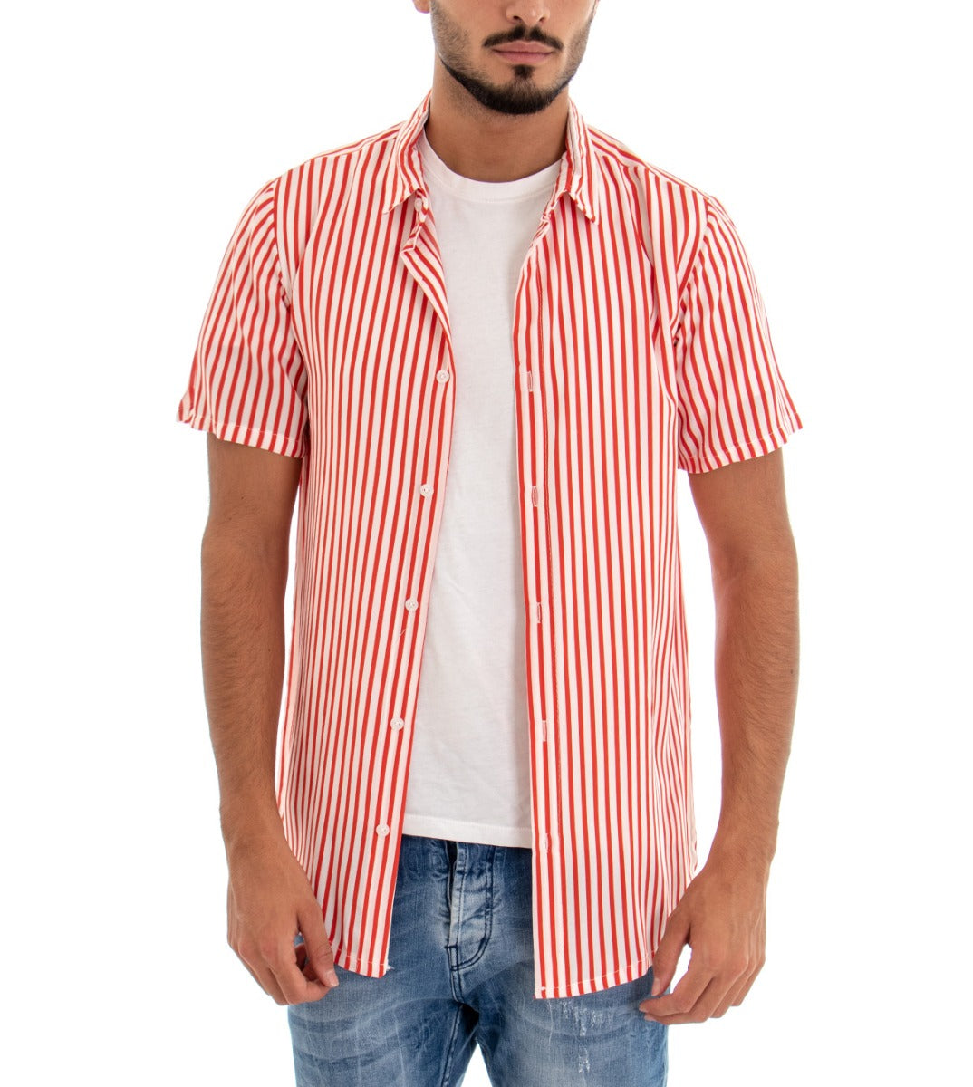 Camicia Manica Corta Uomo Colletto Righe Rigata Rosso Bianco GIOSAL-CC1080A