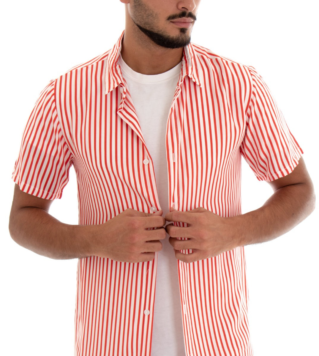 Camicia Manica Corta Uomo Colletto Righe Rigata Rosso Bianco GIOSAL-CC1080A