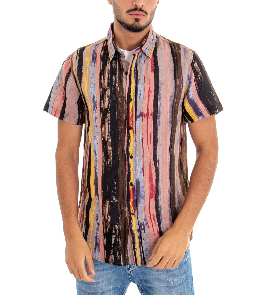 Short Sleeve Men's Shirt with Multicolor Striped Collar GIOSAL-CC1084A