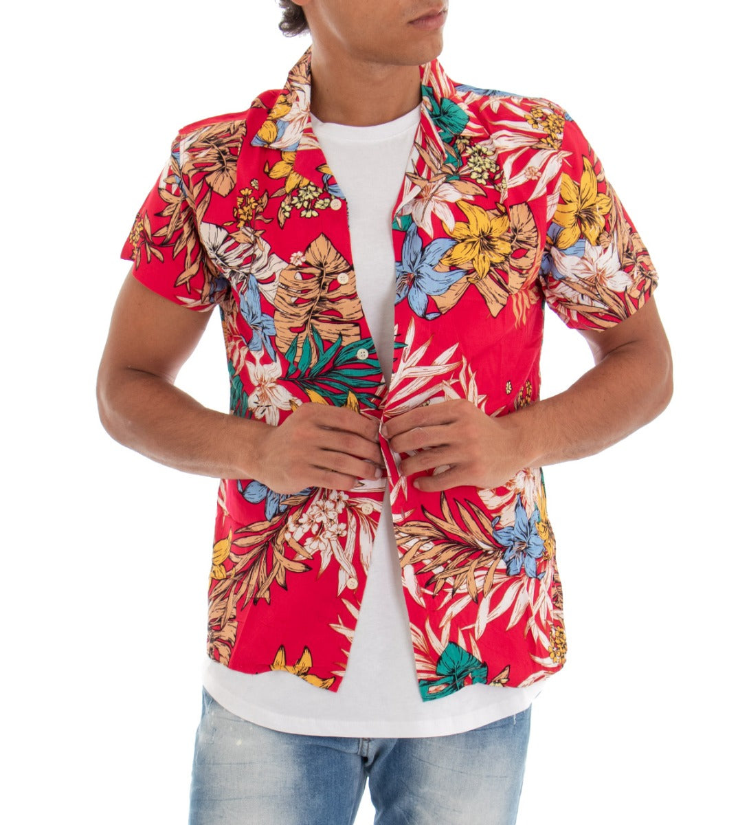 Men's Shirt Short Sleeve Collar Floral Multicolored Red GIOSAL-CC1107A