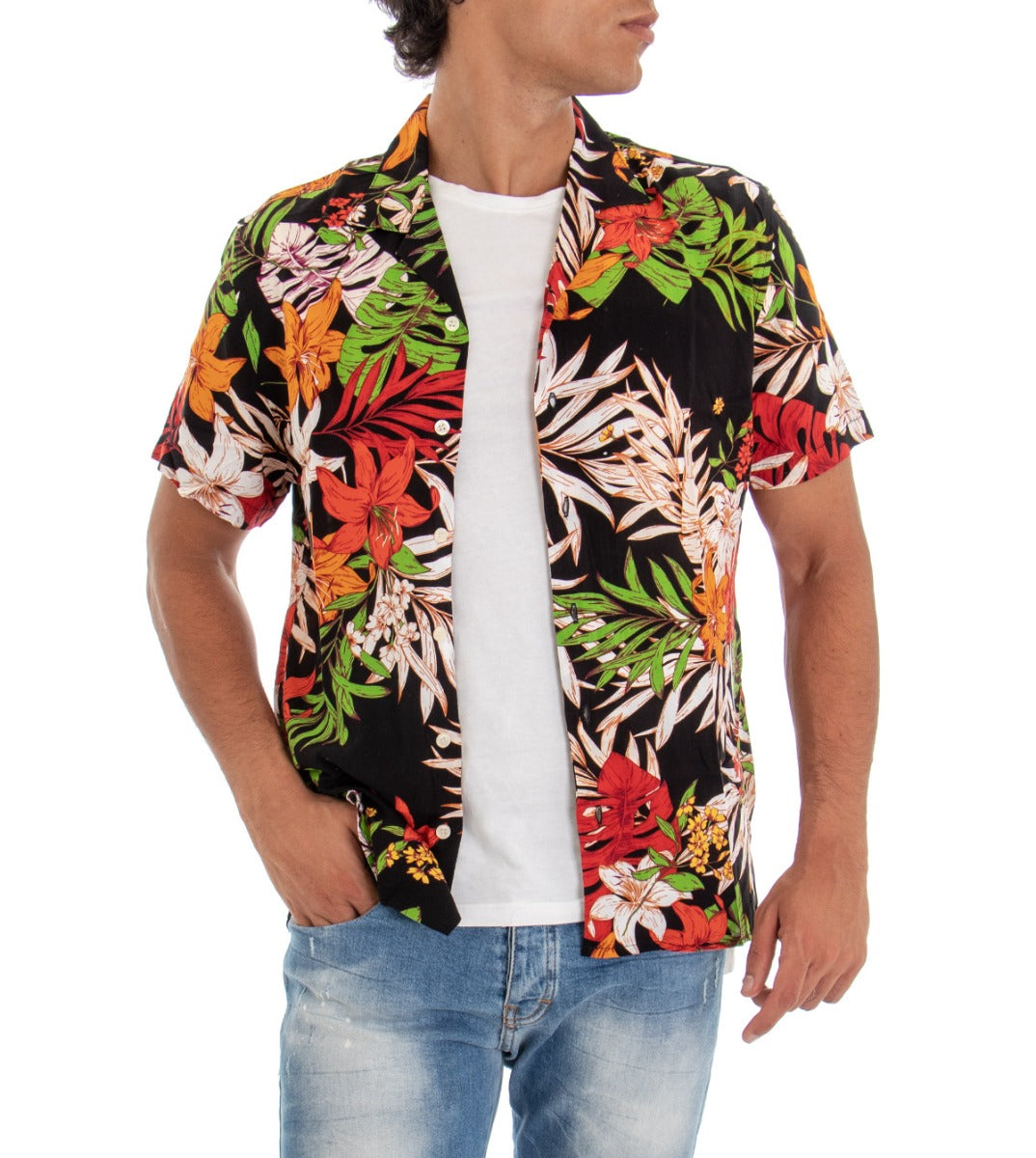 Camicia Uomo Manica Corta con Colletto Fantasia Floreale Multicolore Nero GIOSAL-CC1108A
