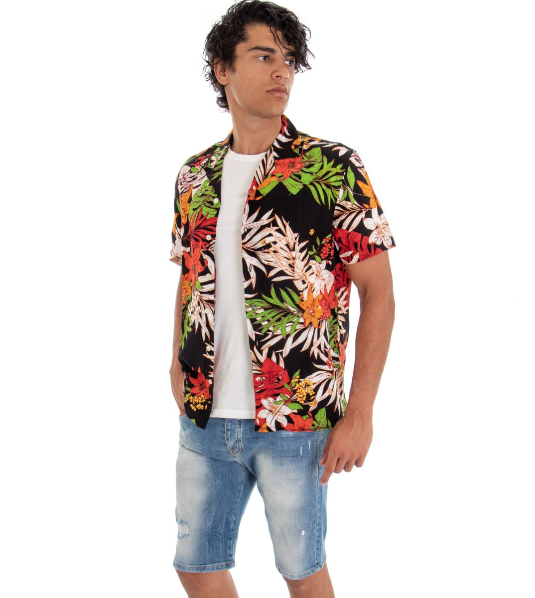 Men's Short Sleeve Shirt with Collar Multicolored Floral Pattern Black GIOSAL-CC1108A