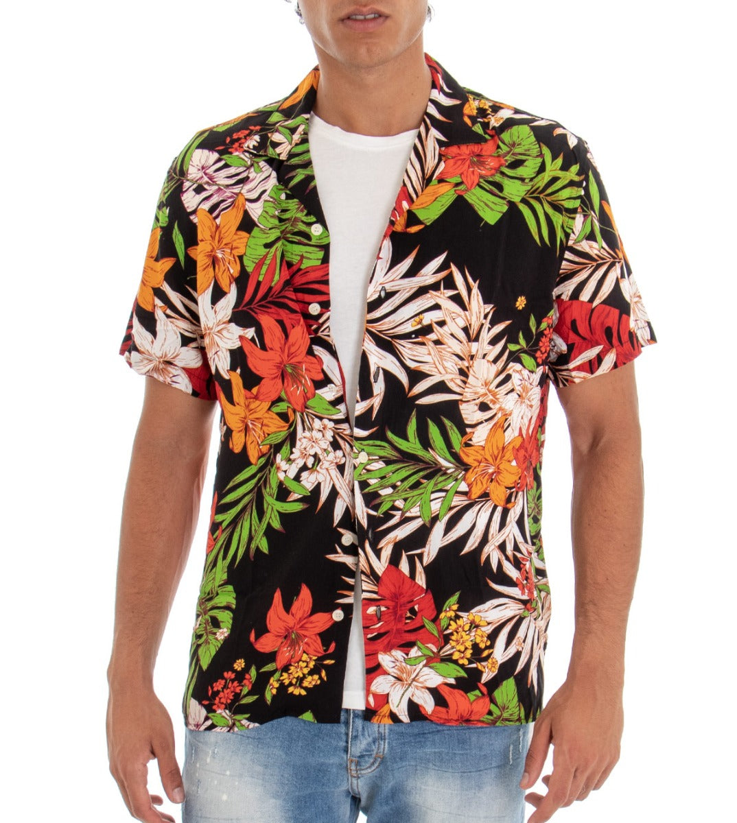 Men's Short Sleeve Shirt with Collar Multicolored Floral Pattern Black GIOSAL-CC1108A