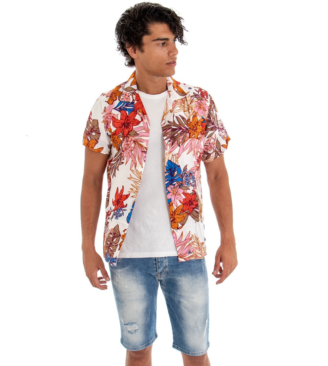 Camicia Uomo Manica Corta con Colletto Fantasia Floreale Multicolore Bianco GIOSAL-CC1109A