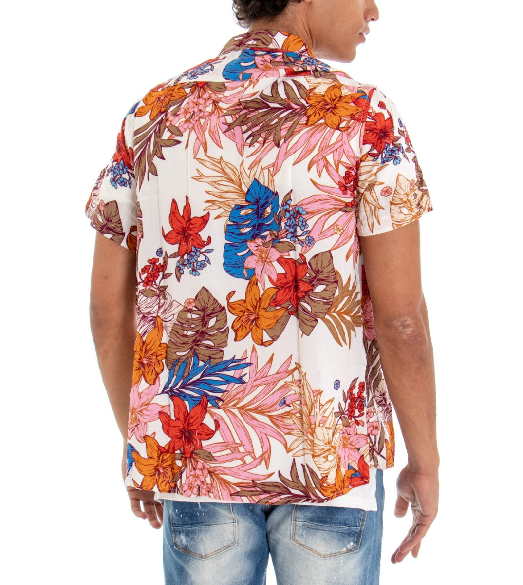 Men's Short Sleeve Shirt with Collar Multicolored Floral Pattern White GIOSAL-CC1109A