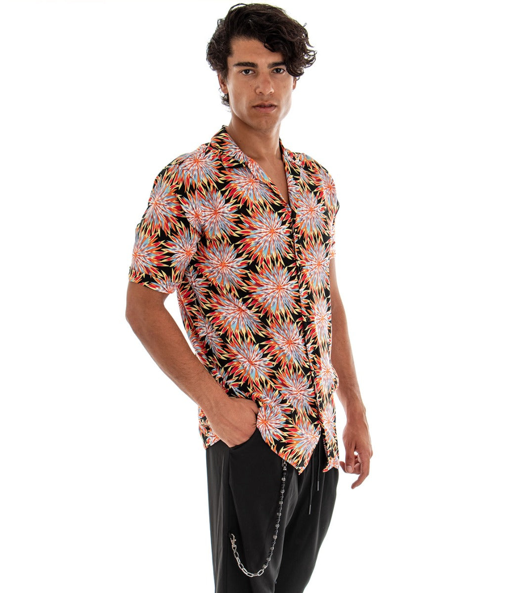 Men's Shirt Short Sleeve Black Cotton Multicolored Pattern Collar GIOSAL-CC1111A
